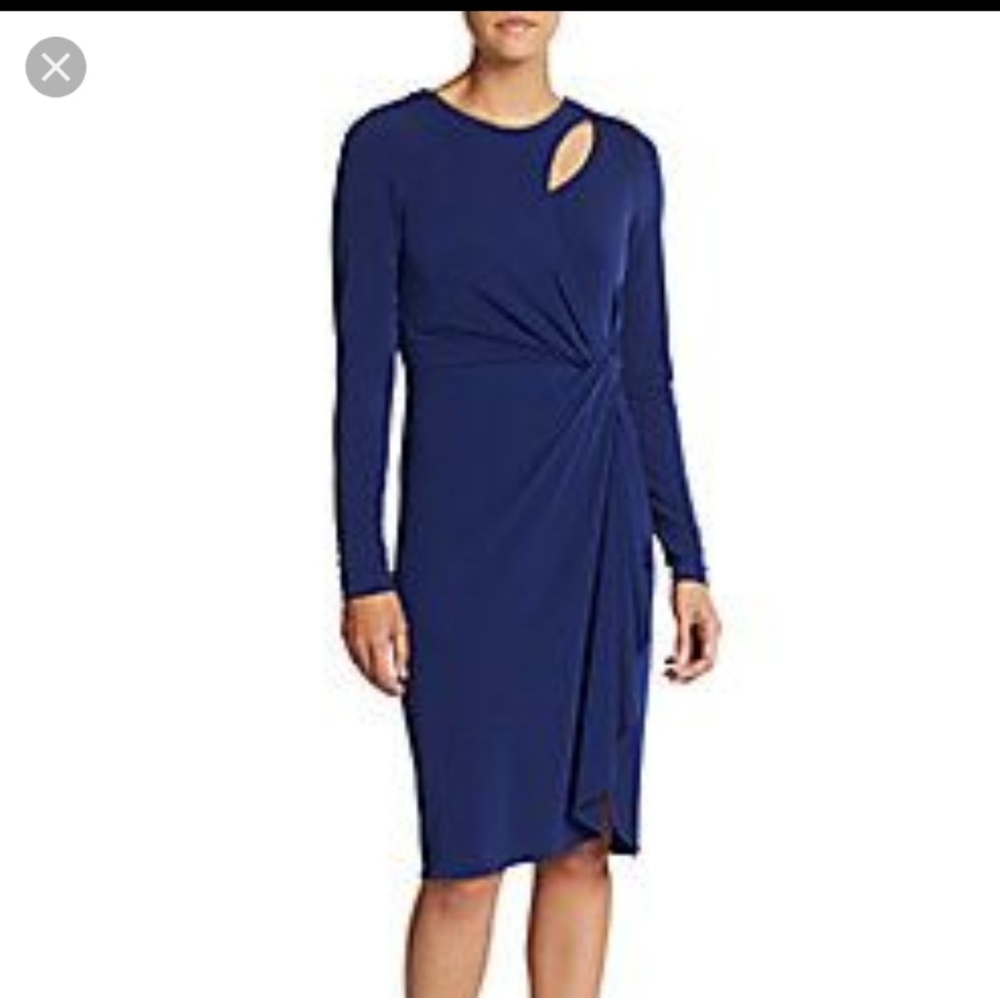 Blue shoulder cutout wrap jersey dress